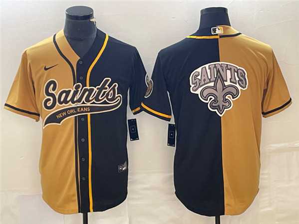 Mens New Orleans Saints Black Gold Split Team Big Logo Cool Base Stitched Baseball Jersey->new orleans saints->NFL Jersey